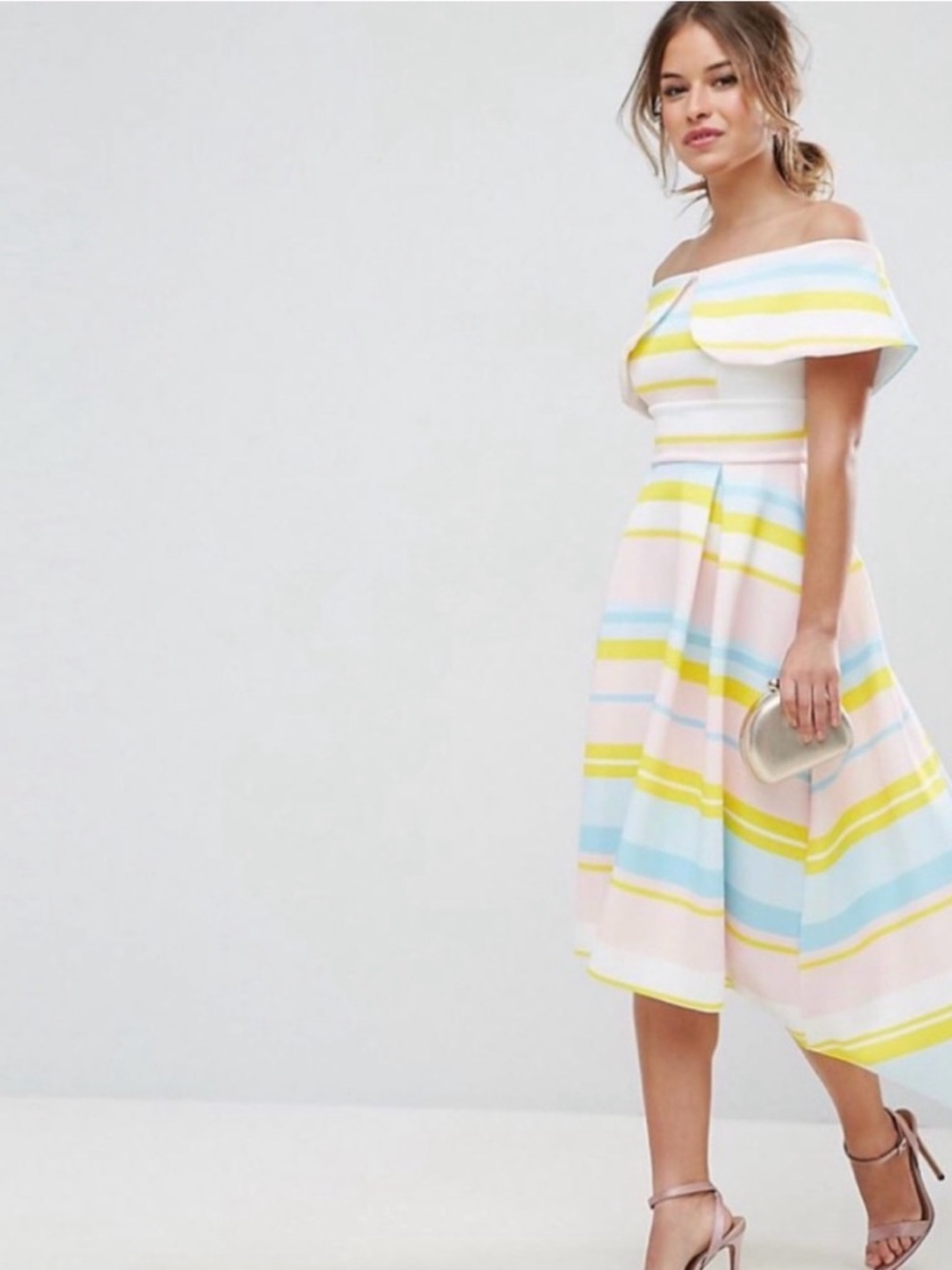 Off-Shoulder Pastel Striped Midi Dress - White/Pastel Yellow/Blue